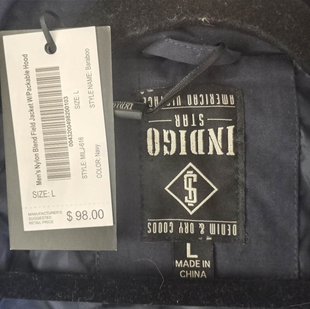 Denim and Dry Goods Indigo Star NWT Navy Nylon Blend Field Coat W Packable Hood - Picture 9 of 14